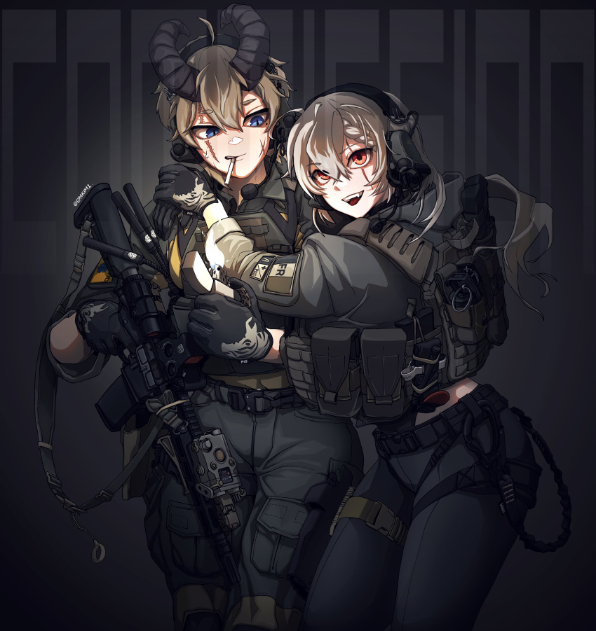 2girls absurdres assault_rifle black_gloves character_request cigarette epakim french_flag gloves gun highres holding holding_lighter hug laser_sight lighter lighting_cigarette mole mole_under_eye multiple_girls original rifle saruei_(vtuber) scar scar_across_eye scar_on_face tactical_clothes weapon