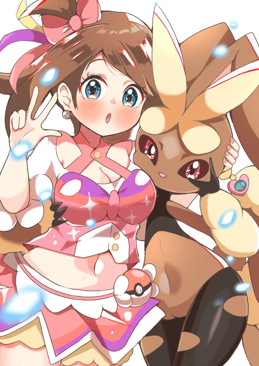 :o absurdres blue_eyes blush bow breasts brown_hair carrot_summer cleavage earrings eyelashes female fingernails hairbow highres jewelry lopunny may_(pokemon) medium_breasts mega_lopunny mega_pokemon navel one_side_up open_mouth pearl_earrings pink_bow poke_ball poke_ball_(basic) pokemon pokemon_(creature) pokemon_oras simple_background w white_background