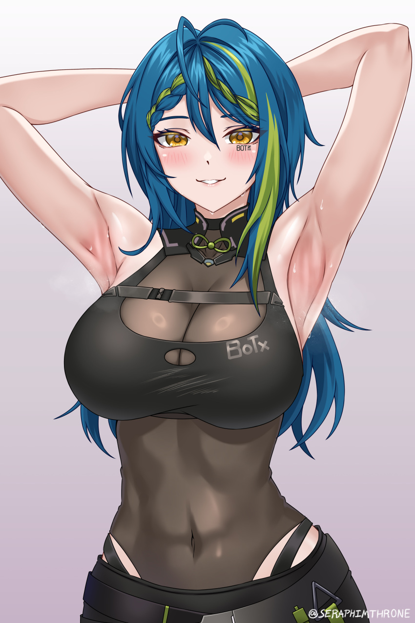 absurdres aotsuki_remia armpits arms_behind_head arms_up bare_arms black_bustier black_skirt blue_hair breasts chest_strap cleavage covered_navel english_commentary female green_hair green_streaks grey_background highres large_breasts leotard long_hair multicolored_hair parted_lips presenting_armpit see-through_cleavage see-through_clothes see-through_leotard seraphim_throne simple_background skirt smile solo streaked_hair sweat twitter_username virtual_youtuber vspo! vspo!_en yellow_eyes