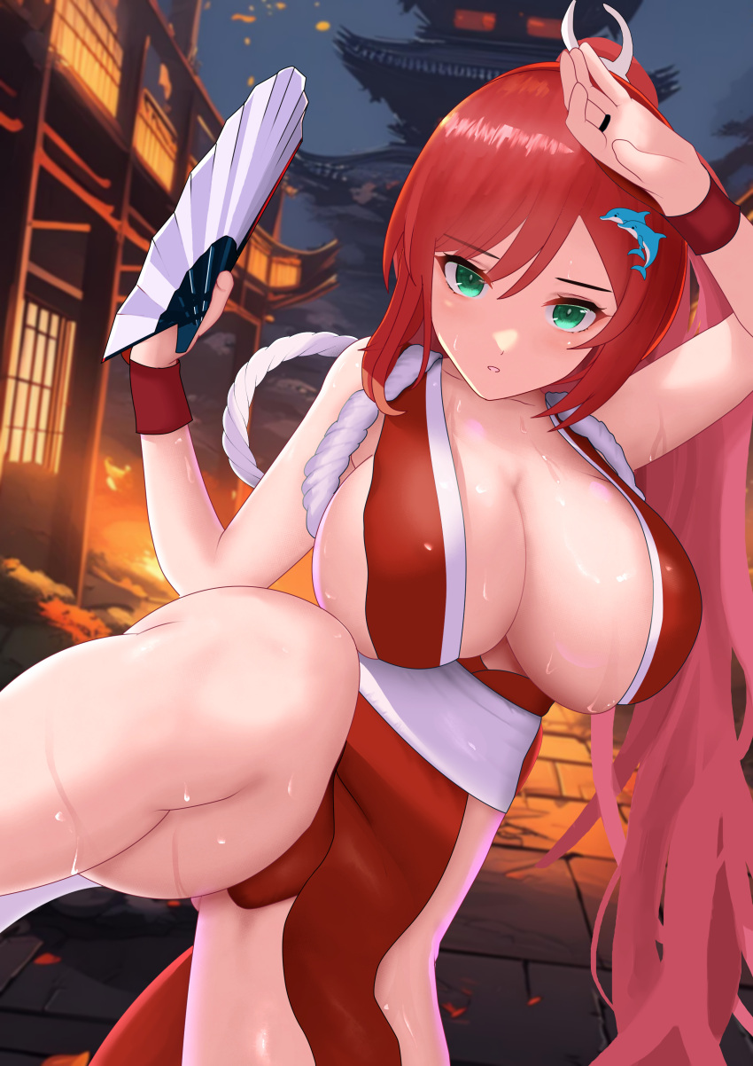 absurdres bare_hips bare_shoulders breasts cleavage collarbone cosplay dolphin_wave f_d_hairegaa fatal_fury female fighting_game green_eyes highres japanese_clothes large_breasts ninja red_hair sakimiya_iruka shiranui_mai shiranui_mai_(cosplay) skindentation sweat sweatdrop thighs