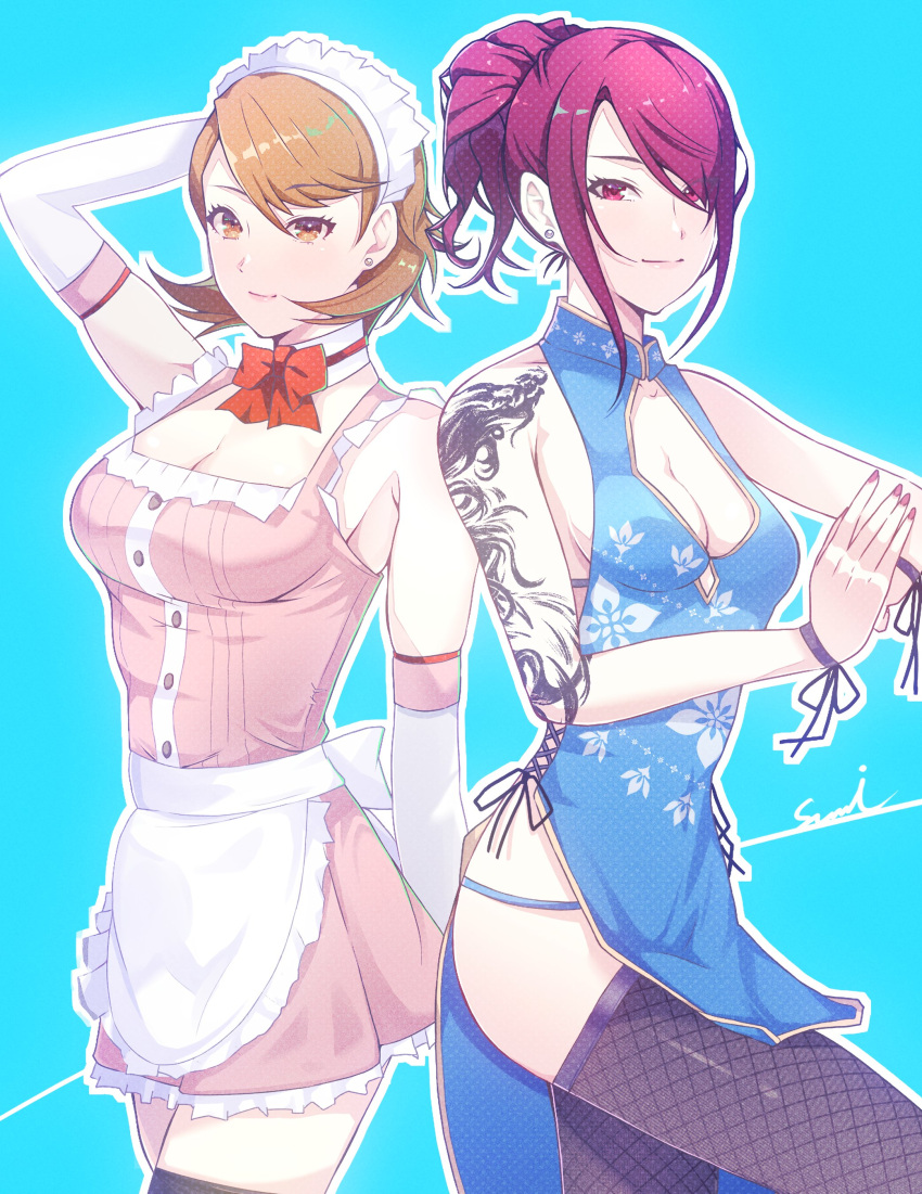 2girls absurdres arm_tattoo blush breasts brown_eyes brown_hair china_dress chinese_clothes corner50777313 dress hair_over_one_eye highres kirijou_mitsuru large_breasts long_hair looking_at_viewer maid maid_headdress multiple_girls panties pelvic_curtain persona persona_3 persona_3_reload red_eyes red_hair ribbon short_hair side_slit simple_background skirt smile tattoo thighhighs underwear yukari_takeba