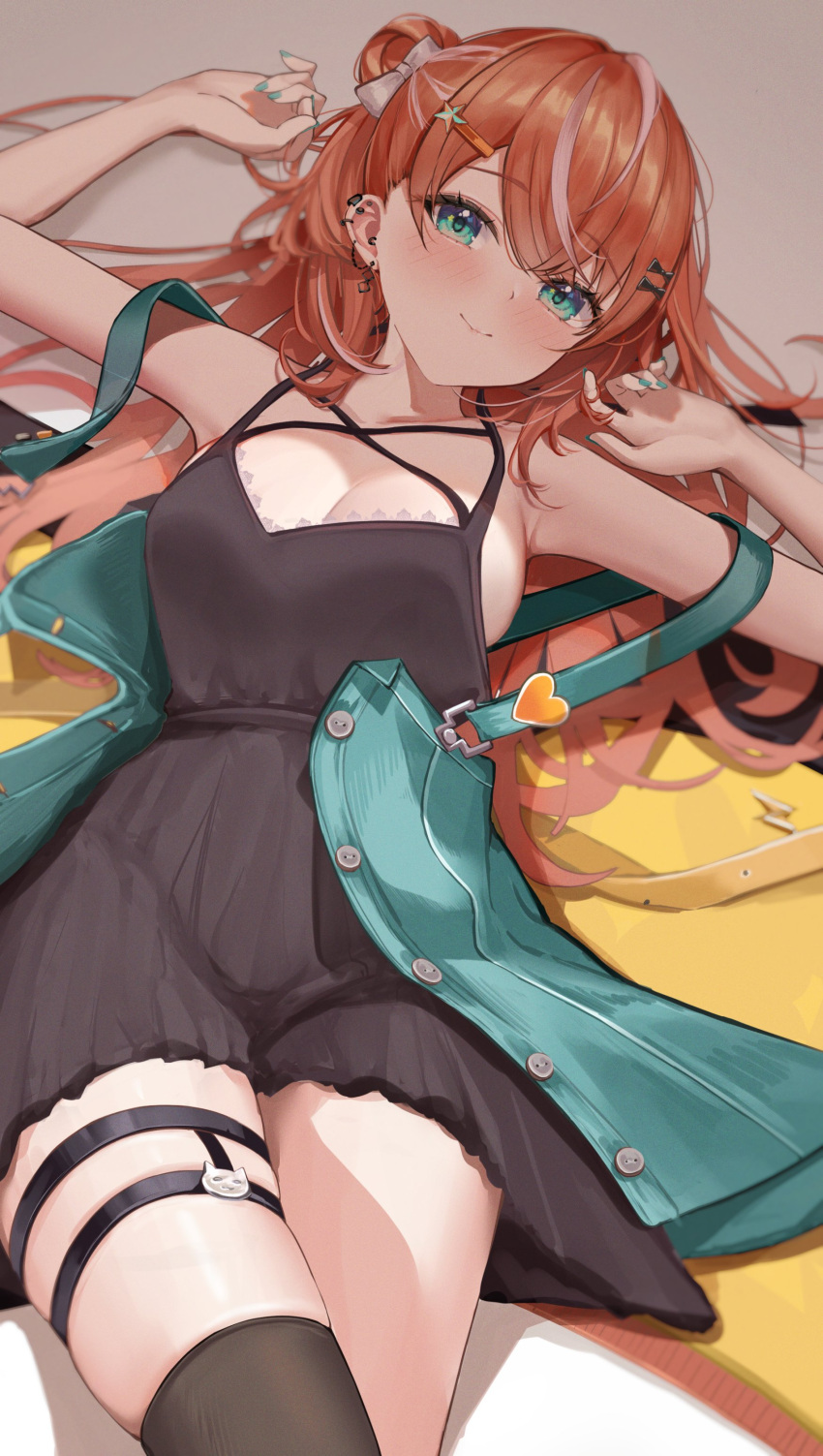 absurdres aqua_eyes aqua_nails black_dress black_thighhighs breasts cleavage closed_mouth commentary dress ear_piercing earrings female hair_ornament hairclip hands_up highres horo_27 igarashi_rika jewelry long_hair looking_at_viewer lying multiple_piercings nijisanji on_back orange_hair piercing sleeveless sleeveless_dress smile solo symbol-only_commentary thigh_strap thighhighs virtual_youtuber