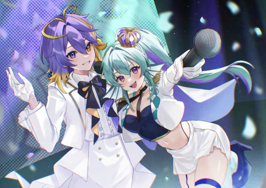 1boy :d absurdres aqua_hair aster_arcadia blonde_hair blurry blush bow bowtie breasts confetti crown depth_of_field female finana_ryugu fins hair_intakes hand_up head_fins heterochromia high_heels high_ponytail highres holding holding_microphone jacket long_hair looking_at_viewer medium_breasts medium_hair microphone midriff multicolored_hair navel nijisanji nijisanji_en panty_straps purple_eyes purple_hair scales sharp_teeth smile stage standing standing_on_one_leg streaked_hair sweat teeth thigh_strap uuoottuu virtual_youtuber white_jacket yellow_eyes