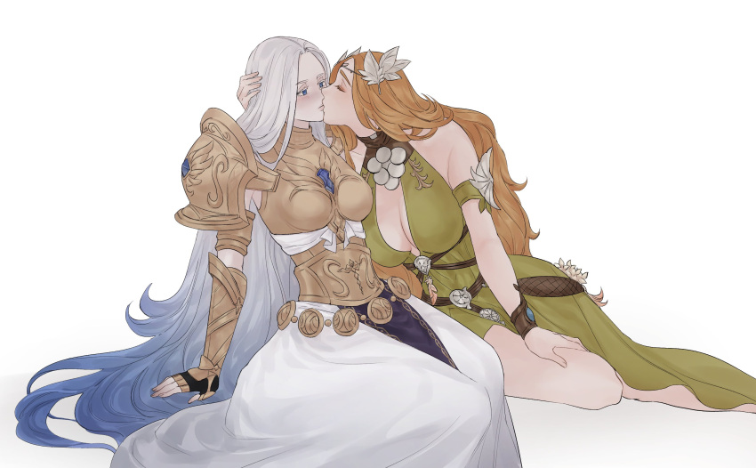 2girls absurdres armor astraea_010 bare_shoulders blue_eyes boobplate breasts cleavage cleavage_cutout closed_eyes clothing_cutout detached_sleeves dress final_fantasy final_fantasy_xiv foot_out_of_frame green_dress halone hand_on_another's_head hand_on_own_thigh highres kissing large_breasts long_hair multiple_girls no_headwear nophica orange_hair pauldrons shoulder_armor simple_background sitting skirt sleeveless sleeveless_dress vambraces very_long_hair white_background white_hair white_skirt yokozuwari yuri