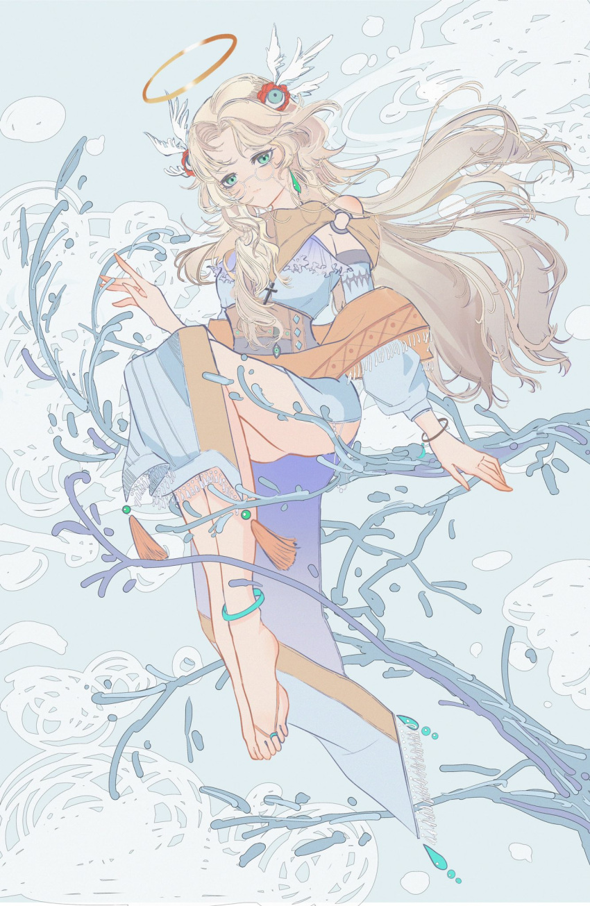 aia_amare aia_amare_(3rd_costume) aqua_eyes ass bhaixi blonde_hair bracelet detached_sleeves earrings eyewear_strap feet female floating_hair full_body glasses halo head_wings highres jewelry long_hair looking_at_viewer nijisanji nijisanji_en sitting_on_branch solo tassel toe_ring toes virtual_youtuber wings