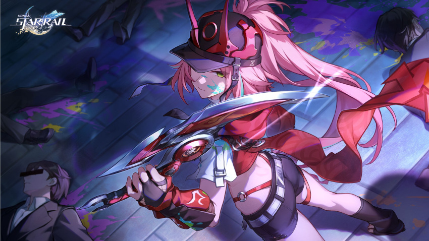 4boys ass bar_censor belt black_hat black_shorts censored censored_identity crop_top female green_eyes grey_belt hat highres holding holding_weapon honkai:_star_rail honkai_(series) horned_hat jacket long_hair looking_at_viewer midriff multiple_boys official_art paint_splatter paint_splatter_on_face pink_hair ponytail rappa_(honkai:_star_rail) red_jacket short_shorts shorts standing very_long_hair weapon