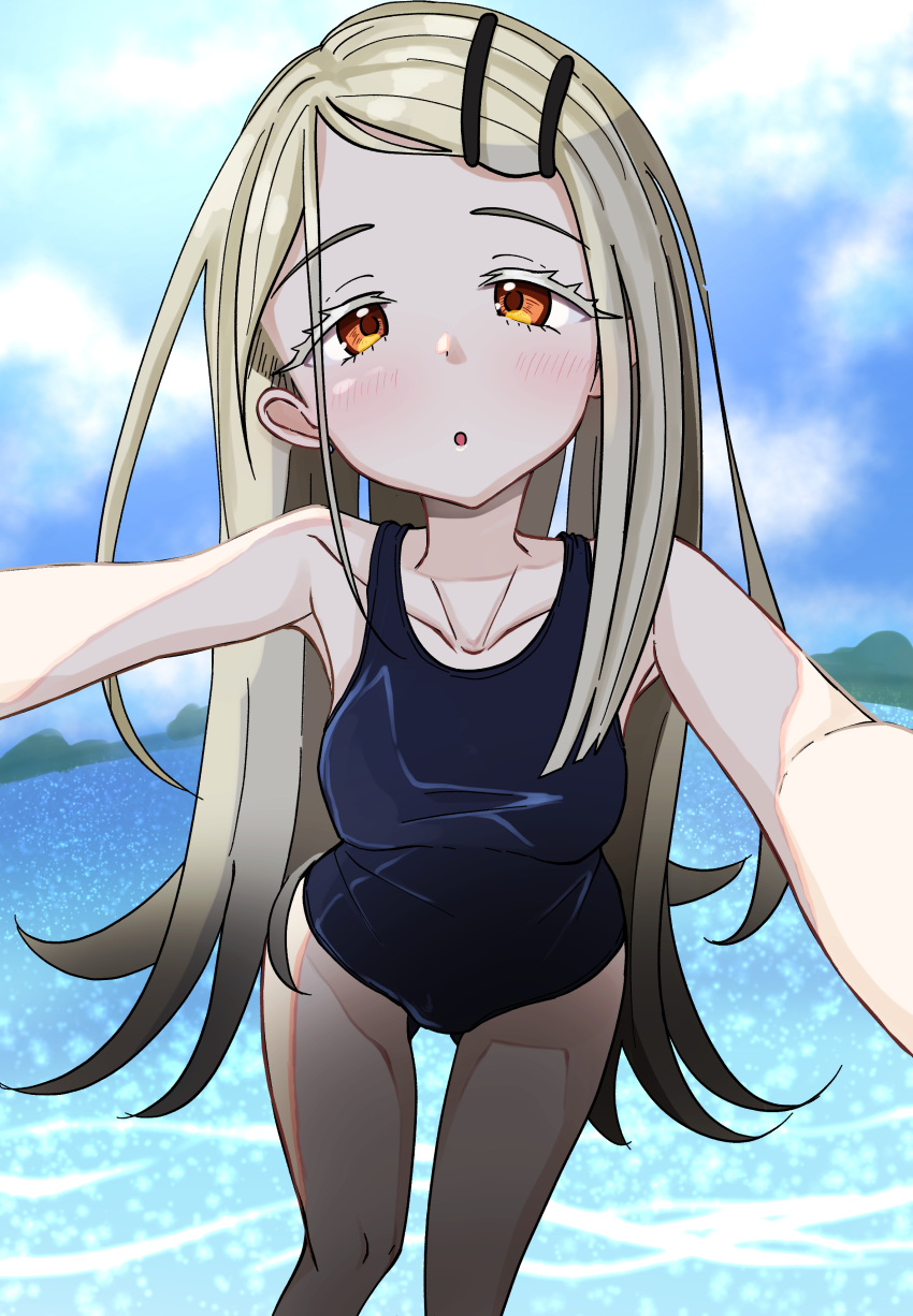 absurdres bare_shoulders blonde_hair blue_one-piece_swimsuit blue_sky blurry blush breasts collarbone colored_eyelashes day depth_of_field female fisheye flipped_hair gakuen_idolmaster hair_ornament hairclip highres idolmaster long_hair looking_at_viewer mountainous_horizon nao_fb one-piece_swimsuit orange_eyes outdoors reaching reaching_towards_viewer shinosawa_hiro sky small_breasts solo standing swimsuit water