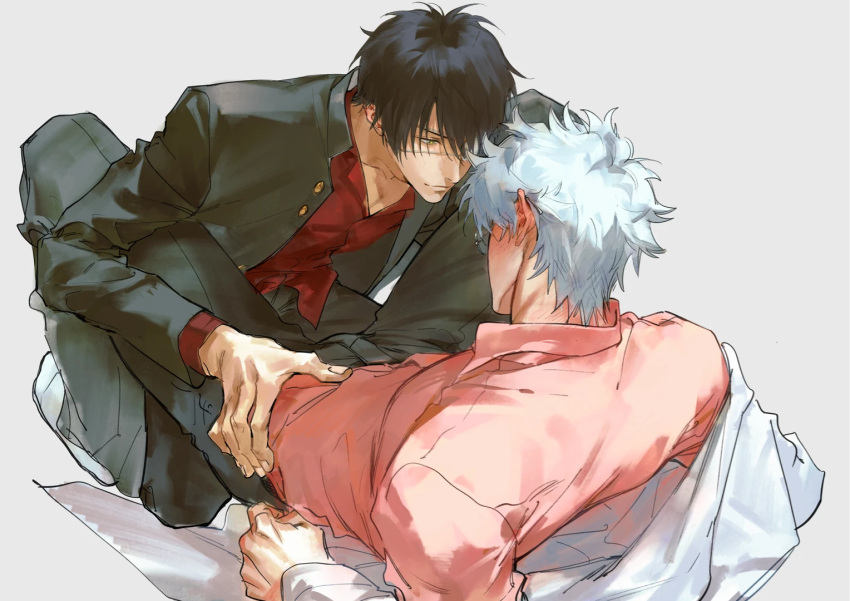 2boys black_hair black_jacket black_pants blush chimmyming closed_mouth collarbone collared_shirt ear_blush expressionless eyepatch fingernails full_body gintama glasses grey_background hand_on_another's_hip jacket long_sleeves looking_at_another male_focus medical_eyepatch multiple_boys pants pink_shirt red_shirt sakata_gintoki shirt short_hair simple_background socks takasugi_shinsuke white_hair white_socks yaoi