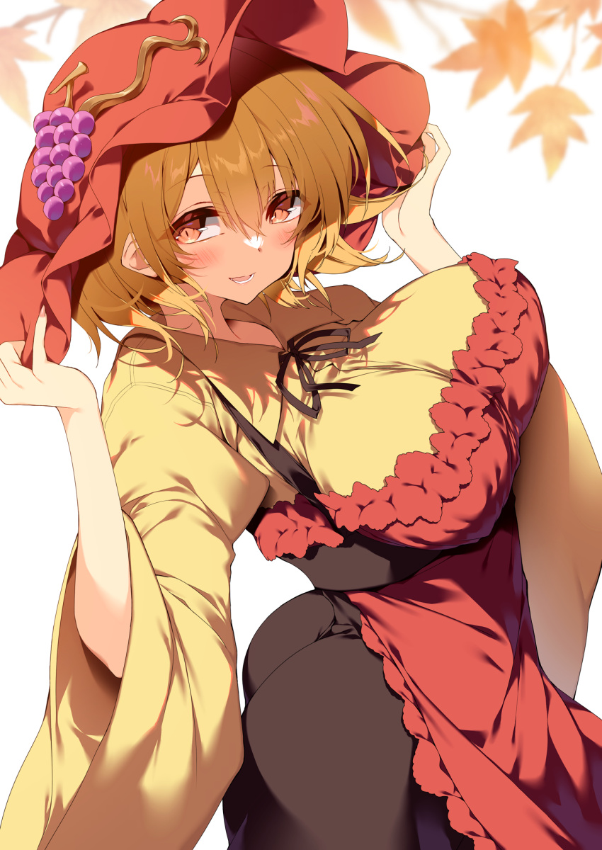 aki_minoriko apron ass blonde_hair breasts female grape_hat_ornament hat highres large_breasts looking_at_viewer red_apron red_eyes red_hat sakurame shirt short_hair smile solo touhou yellow_shirt