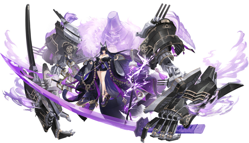 absurdres alpha_transparency animal_ear_fluff animal_ears azur_lane beads black_hair black_kimono breasts brown_eyes cleavage collarbone dishwasher1910 female fox_ears fox_girl fox_tail full_body hair_ornament highres japanese_clothes katana kimono large_breasts long_hair long_sleeves looking_at_viewer low_neckline magatama multiple_tails musashi_(azur_lane) non-web_source off_shoulder official_art prayer_beads sheath sheathed short_kimono solo sword tail transparent_background weapon wide_sleeves