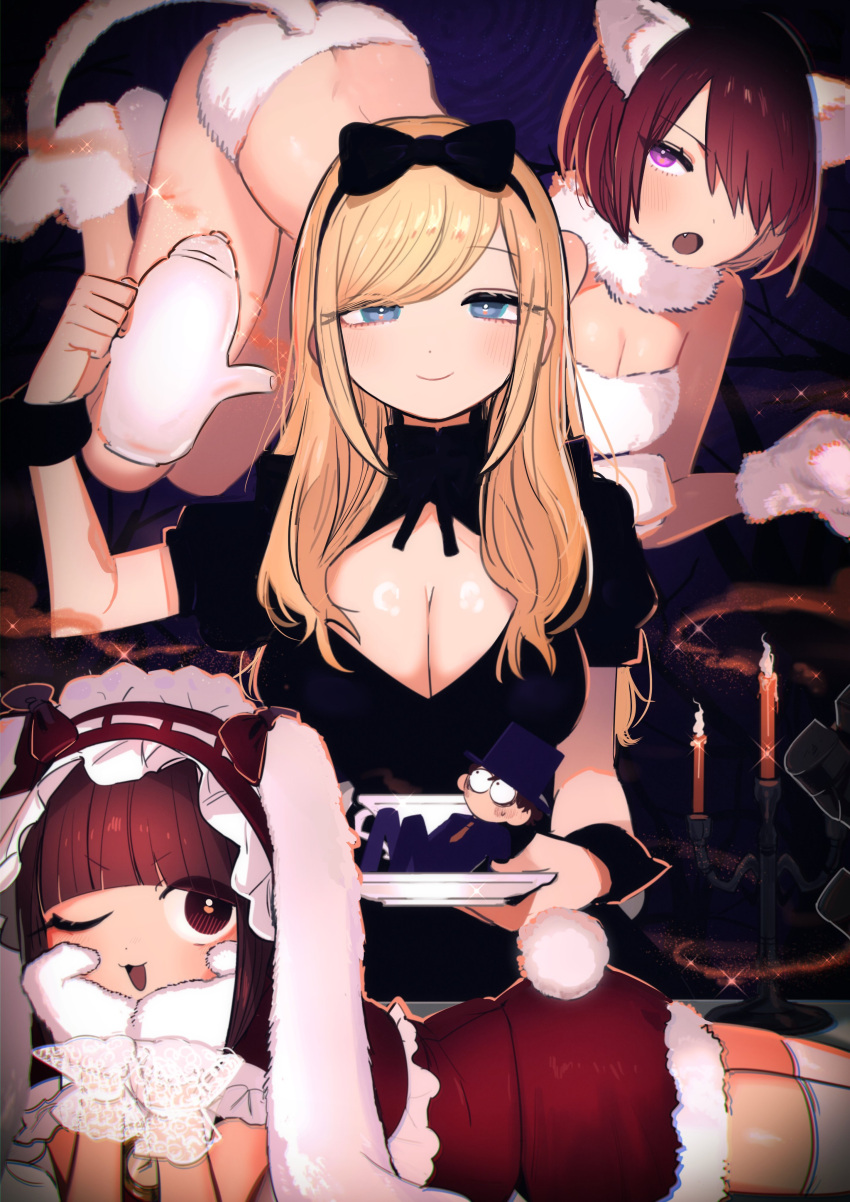 3girls absurdres alice_lendrott all_fours animal_ears black_dress black_wrist_cuffs blonde_hair blue_eyes blunt_bangs breasts caph cat_ears cat_tail cleavage cleavage_cutout closed_mouth clothing_cutout commentary dress fur-trimmed_dress fur_collar fur_gloves fur_trim gloves hair_over_one_eye highres inoue_koharu lace-trimmed_gloves lace_trim large_breasts looking_at_viewer lying multiple_girls on_stomach one_eye_closed open_mouth pink_eyes pouring red_dress red_eyes red_hair shinigami_bocchan_to_kuro_maid short_hair short_sleeves smile swept_bangs symbol-only_commentary tail the_pose thighhighs viola_(shinigami_bocchan_to_kuro_maid) white_gloves white_thighhighs wrist_cuffs