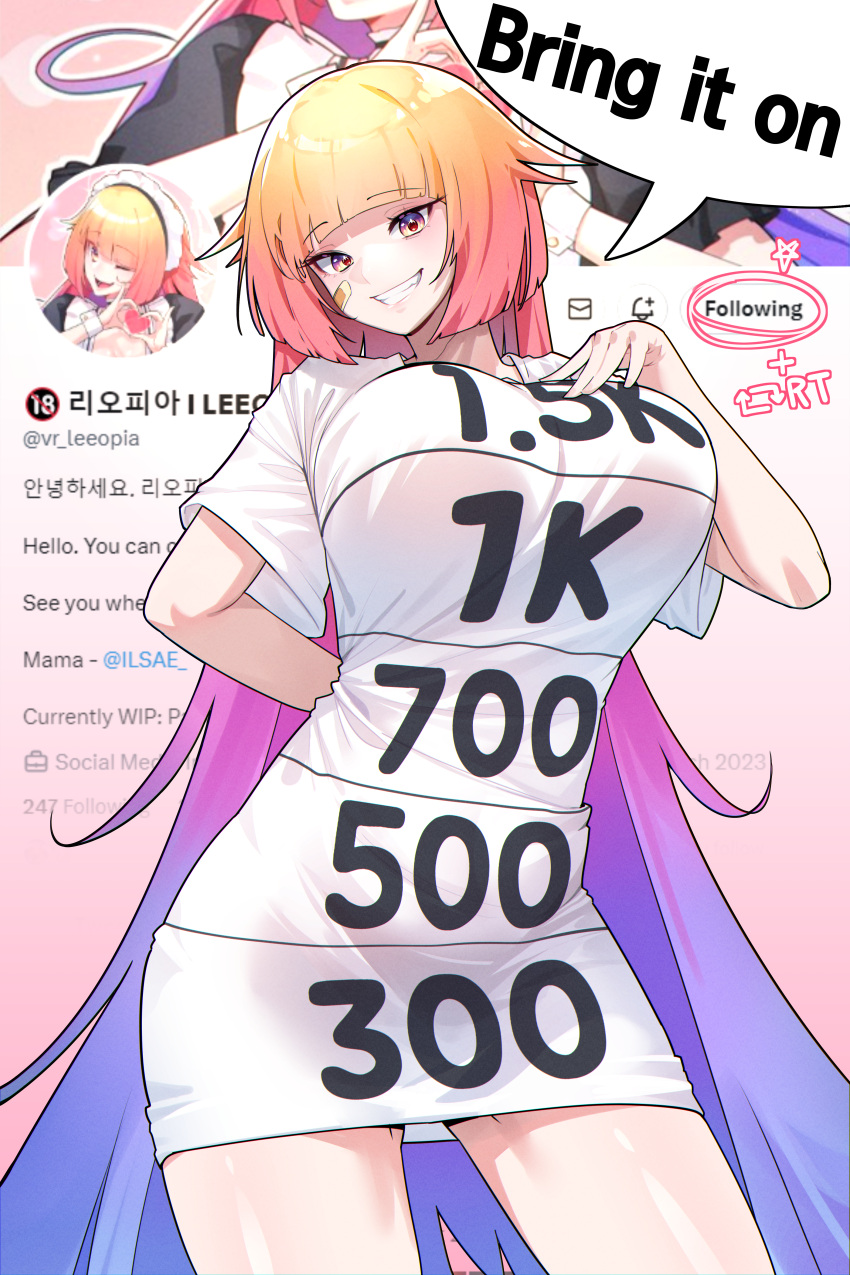 absurdres arm_behind_back bandaid bandaid_on_cheek bandaid_on_face breasts commission dress english_text female gradient_hair grin hand_on_own_chest highres ilsae indie_virtual_youtuber large_breasts long_hair multicolored_hair orange_hair pink_hair purple_eyes purple_hair short_dress smile speech_bubble twitter very_long_hair virtual_youtuber white_dress