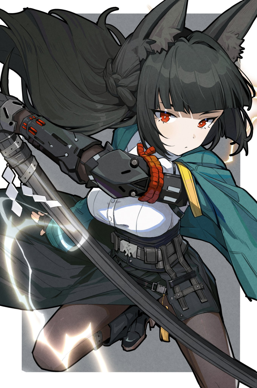 animal_ear_fluff animal_ears aqua_jacket black_footwear black_gloves black_hair black_pantyhose black_skirt blunt_bangs border breasts bright_pupils closed_mouth commentary female fingerless_gloves fox_ears fox_girl gloves grey_background half_up_braid high-waist_skirt highres holding holding_sword holding_weapon hoshimi_miyabi jacket jacket_on_shoulders katana large_breasts long_hair looking_at_viewer pantyhose prosthesis prosthetic_arm red_eyes shide shirt sidelocks single_fingerless_glove skirt solo sword tupikeee weapon white_border white_pupils white_shirt zenless_zone_zero