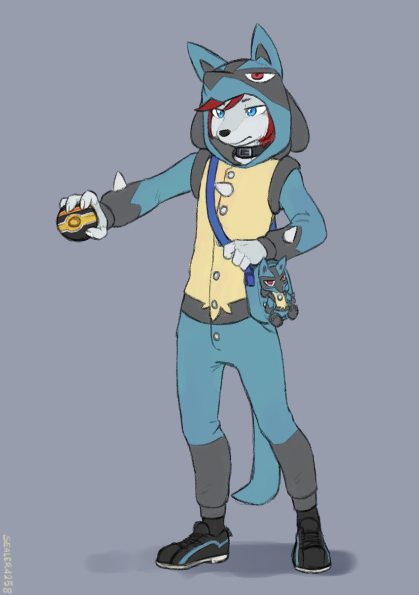 2024 4_fingers absurd_res anthro blue_eyes canid canine canis clothed clothed_anthro clothed_male clothing collar digital_media_(artwork) fingers footwear front_view fur generation_4_pokemon grey_body grey_fur hair hi_res holding_object kigurumi lewin_(sealer4258) lucario male mammal nintendo onesie pokeball pokemon pokemon_(species) red_hair sealer4258 shoes simple_background solo standing wolf