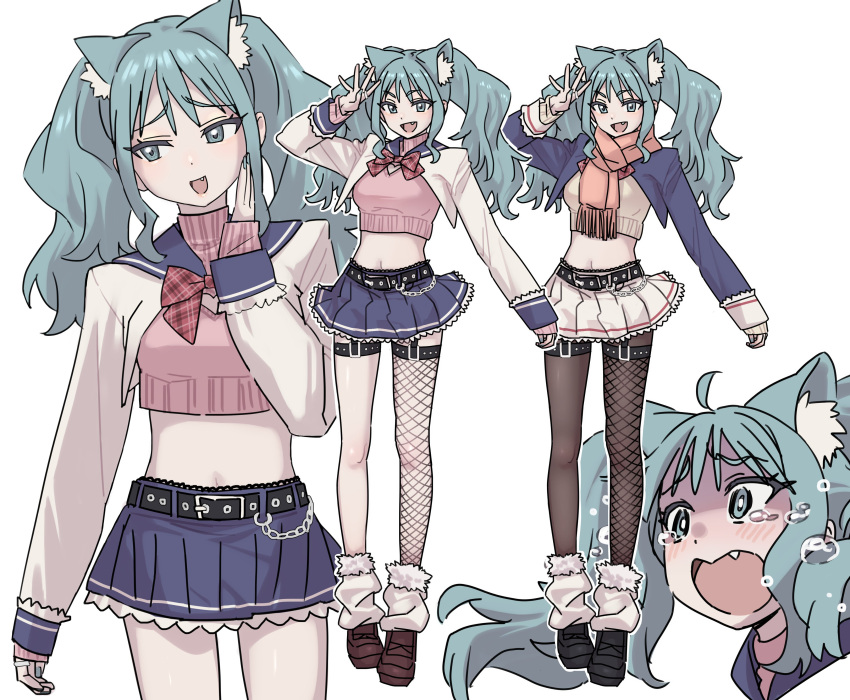 :d absurdres ahoge animal_ear_fluff animal_ears aqua_eyes aqua_hair aqua_nails belt belt_chain black_belt black_footwear black_pantyhose blue_shrug blue_skirt bow bowtie breasts brown_footwear crop_top crying female fishnet_thighhighs fishnets frilled_skirt frills garter_straps hand_up hatsune_miku highres long_hair long_sleeves loose_socks medium_breasts midriff miniskirt mosh_mallow multiple_views nail_polish oerba_yun_fang orange_scarf pantyhose pink_sweater pleated_skirt red_bow red_bowtie scarf shoes shrug_(clothing) sidelocks sideways_glance simple_background single_thighhigh skirt sleeves_past_wrists smile socks sweater tears thigh_strap thighhighs turtleneck turtleneck_sweater twintails vocaloid white_background white_shrug white_skirt yellow_sweater