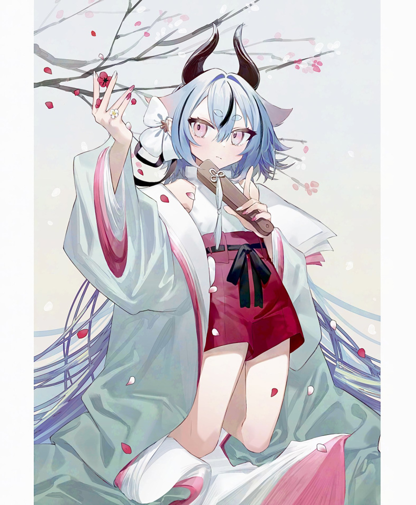 1other alternate_costume black_ribbon blue_hair branch closed_eyes falling_petals flower folded_fan folding_fan full_body hair_between_eyes hand_fan hand_up highres holding holding_fan horns japanese_clothes kimono kneeling layered_clothes layered_kimono long_hair long_sleeves looking_at_viewer meika_mikoto nail_polish open_clothes open_kimono other_focus petals pillarboxed pink_eyes plum_blossoms red_shorts ribbon shirt shorts solo very_long_hair vocaloid white_shirt wide_sleeves yoshino_ns