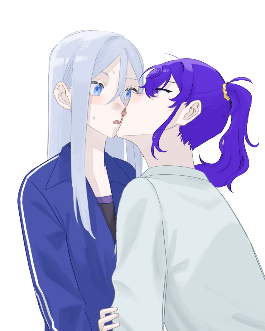 2girls asahina_mafuyu blood blue_eyes blue_jacket chinese_commentary collared_shirt commentary_request grey_hair hand_on_another's_arm highres jacket licking licking_another's_face licking_blood long_hair long_sleeves multiple_girls nosebleed parted_lips ponytail project_sekai purple_hair shinonome_ena shirt simple_background sweatdrop upper_body white_background white_shirt yujiaying12 yuri