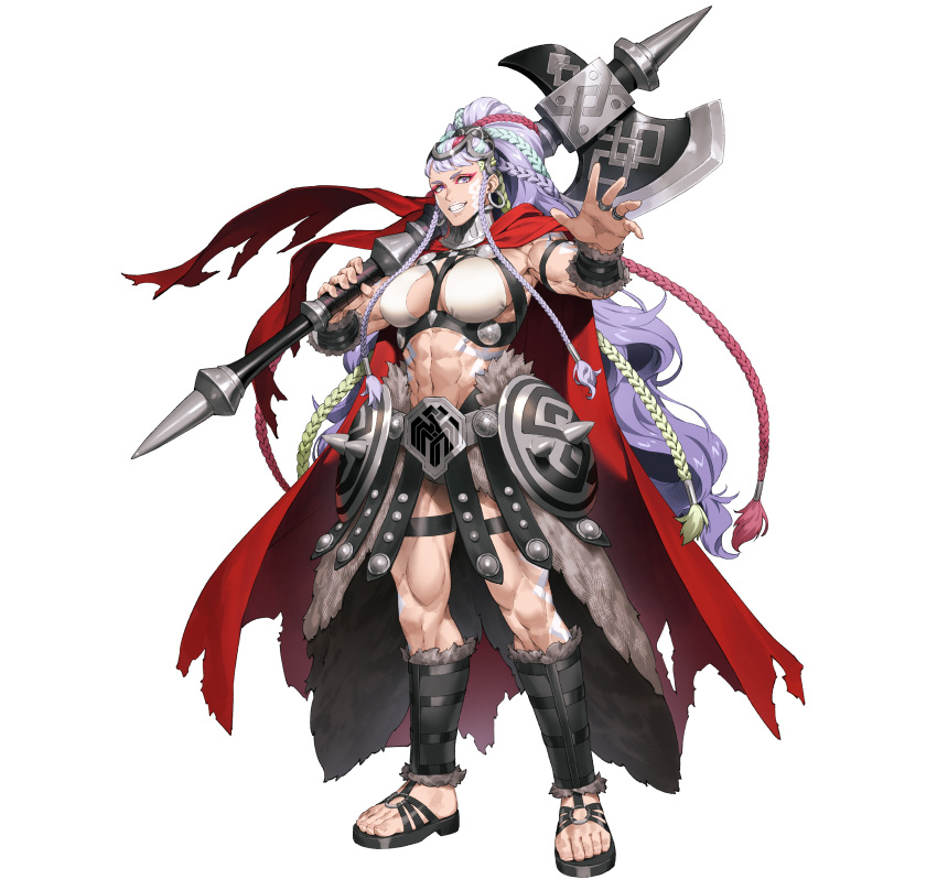 abs absurdres armor axe battle_axe blue_hair braid breasts cape chyko commentary_request earrings facial_mark female fire_emblem fire_emblem_heroes full_body fur_trim highres holding holding_weapon jewelry lips long_hair looking_at_viewer makeup multicolored_hair muscular muscular_female o-ring over_shoulder parted_lips pink_hair ponytail purple_eyes purple_hair simple_background smile solo standing thjazi_(fire_emblem) toeless_footwear toes weapon weapon_over_shoulder