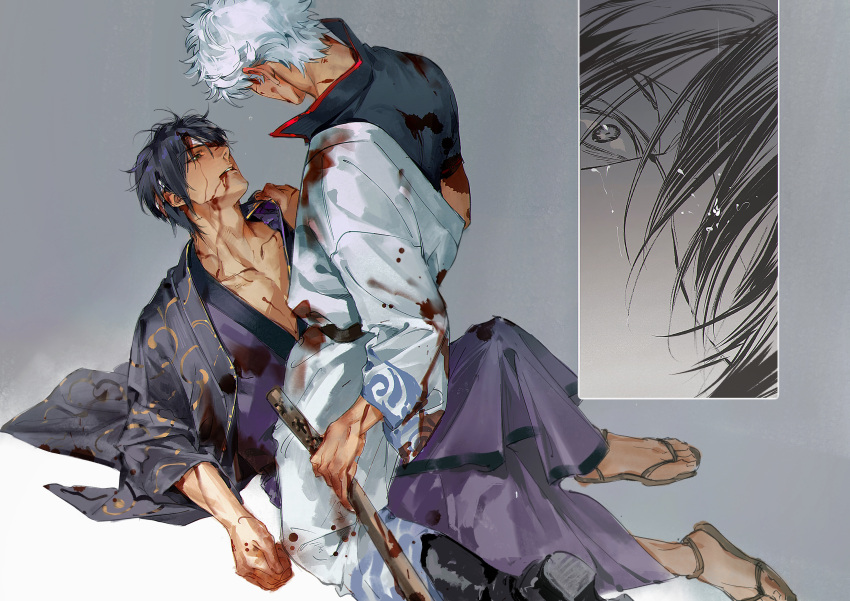 2boys absurdres bandage_over_one_eye bandages black_eyes black_footwear black_hair blood blood_from_mouth blood_on_arm blood_on_clothes blood_on_face blood_on_hands blood_on_neck boots chimmyming collarbone gintama highres holding holding_weapon implied_yaoi japanese_clothes long_sleeves looking_at_another looking_up male_focus multiple_boys one_eye_covered parted_lips pectorals robe sakata_gintoki short_hair sitting takasugi_shinsuke weapon white_hair