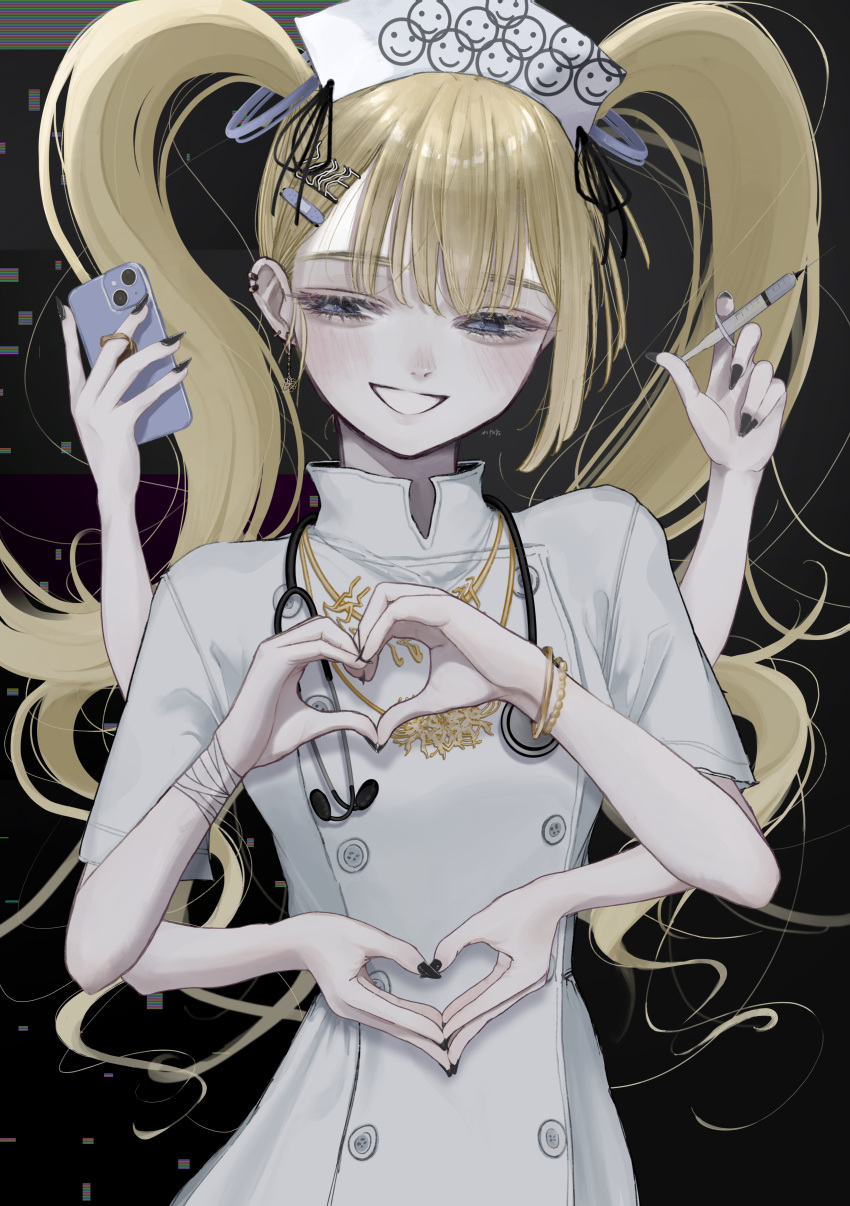 :d absurdres black_background black_nails blonde_hair blush bracelet cover cover_page doujin_cover earrings extra_arms female hair_ornament hairclip hat heart heart_hands highres holding holding_phone holding_stylus jewelry kagenone long_hair nurse_cap original phone smile stethoscope stylus syringe twintails