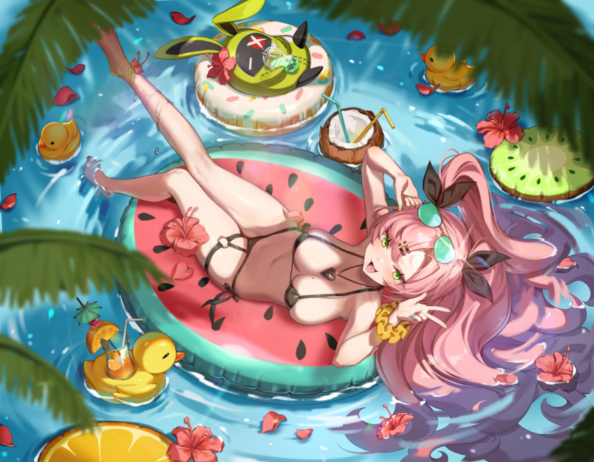 absurdres afloat alternate_costume amillion_(zenless_zone_zero) bare_legs bare_shoulders barefoot bikini black_bikini breasts coconut_cup eyewear_on_head feet female flower green_eyes hair_ornament hairclip heart heart_necklace highres jewelry large_breasts legs long_hair looking_at_viewer mika_030 navel necklace nicole_demara number-only_commentary open_mouth pink_hair pink_innertube rubber_duck scrunchie stomach swimsuit thighs tropical_drink wrist_scrunchie zenless_zone_zero zzz