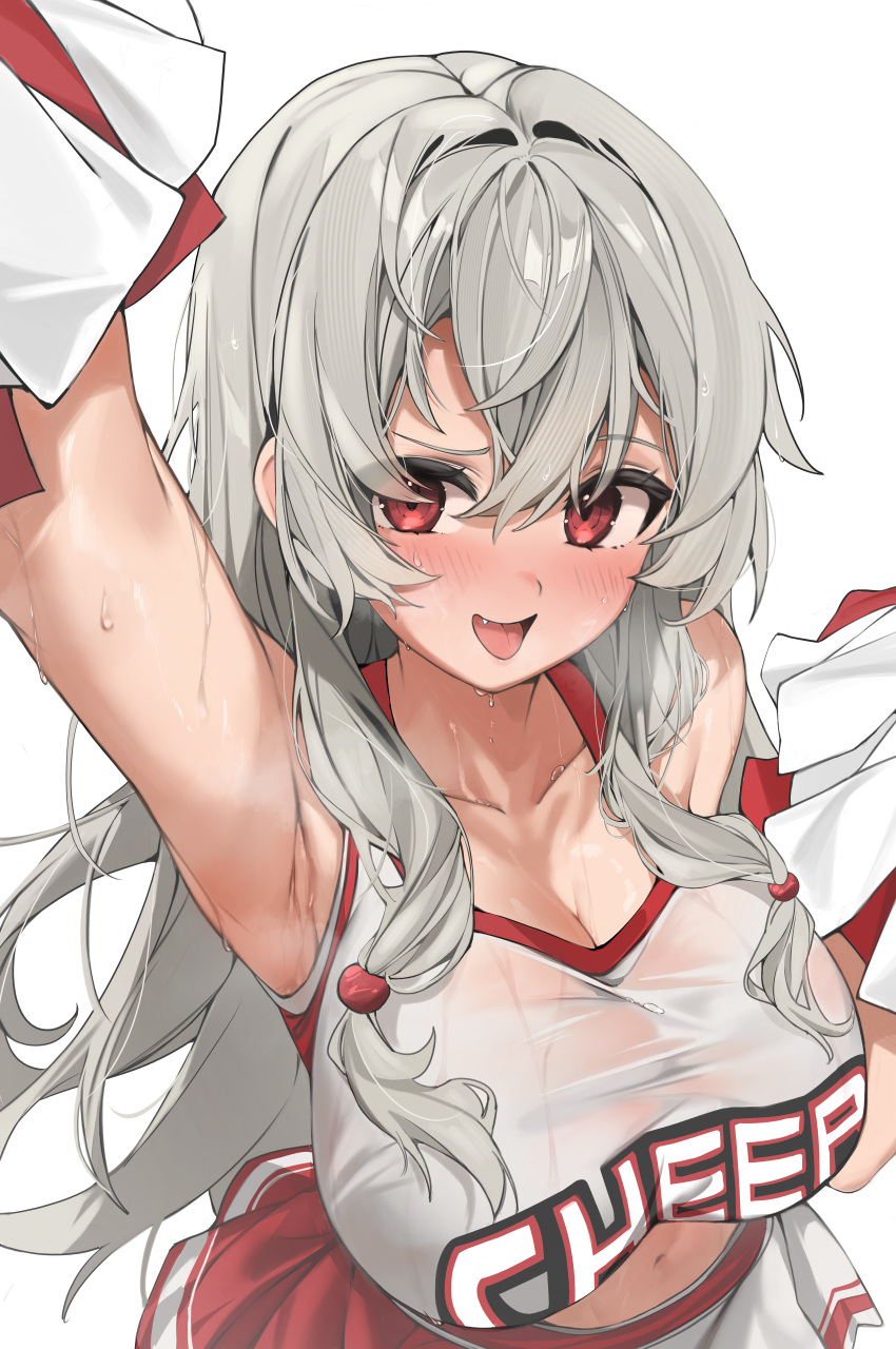 absurdres arm_up armpits bare_shoulders blush breasts cheerleader cleavage collarbone commentary_request commission crop_top female from_above grey_hair hair_between_eyes highres holding holding_pom_poms kiro_(kirotayu) korean_commentary large_breasts long_hair looking_at_viewer midriff miniskirt navel oerba_yun_fang open_mouth original pom_pom_(cheerleading) raised_eyebrow red_eyes second-party_source shirt simple_background skirt sleeveless sleeveless_shirt smile solo sweat sweaty_armpits taut_clothes taut_shirt very_long_hair wet wet_clothes wet_shirt white_background white_shirt