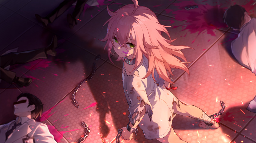 4boys absurdres aged_down ahoge bad_link bandaged_leg bandages bar_censor censored censored_identity chains cuffs dress female green_eyes highres honkai:_star_rail honkai_(series) long_hair looking_at_viewer multiple_boys official_art paint_splatter paint_splatter_on_face pink_hair rappa_(honkai:_star_rail) shackles standing torn_clothes torn_dress white_dress