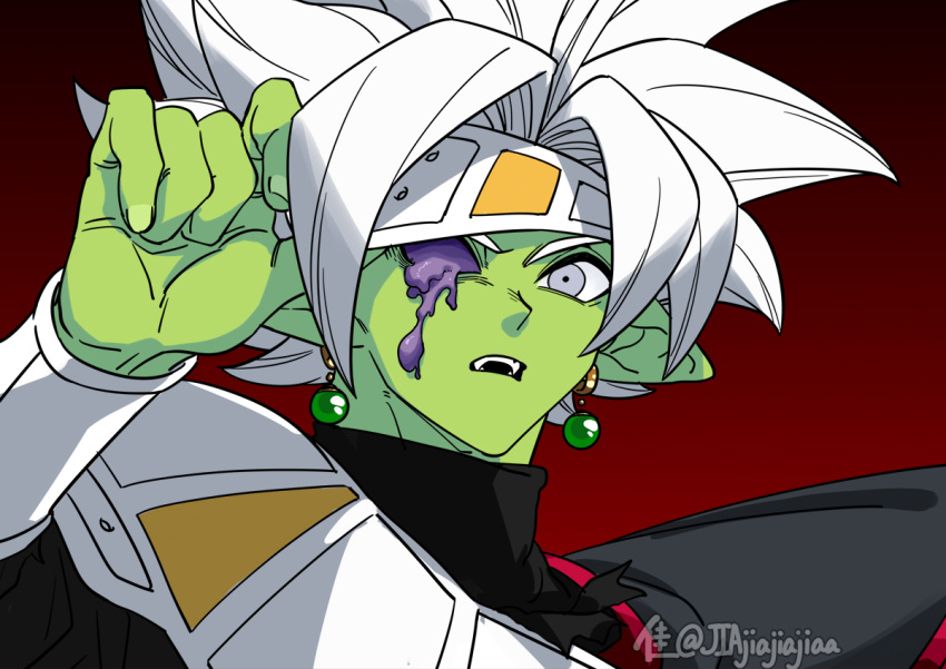 1boy black_shirt bracer colored_skin commentary_request dragon_ball dragon_ball_heroes earrings eyepatch eyepatch_lift fused_zamasu gradient_background green_skin grey_eyes jewelry jiajiajiajiaa male_focus missing_eye official_alternate_costume open_mouth pointy_ears potara_earrings red_background shirt short_hair slime_(substance) solo spiked_hair torn_clothes twitter_username upper_body white_hair zamasu