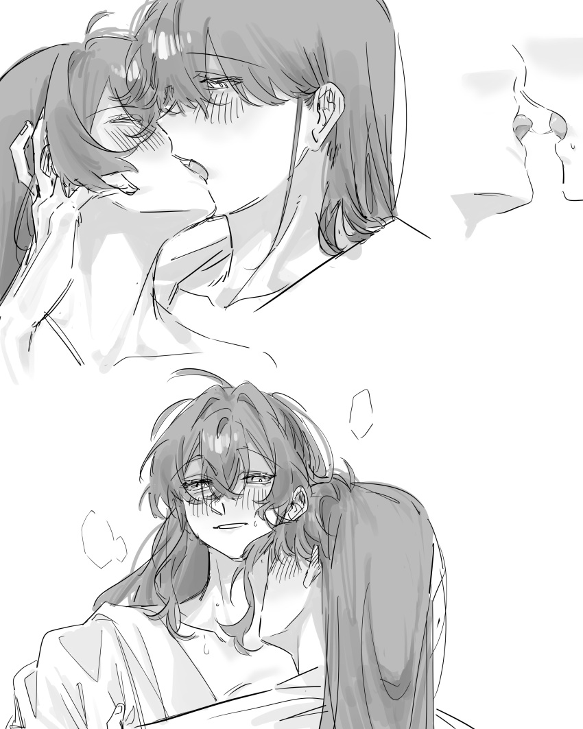 2girls absurdres blush breath chinese_commentary closed_eyes commentary_request ear_blush french_kiss greyscale half-closed_eyes hand_on_another's_head highres kissing kissing_neck long_hair monochrome multiple_girls original saliva saliva_trail smile tongue tongue_out yujiaying12 yuri