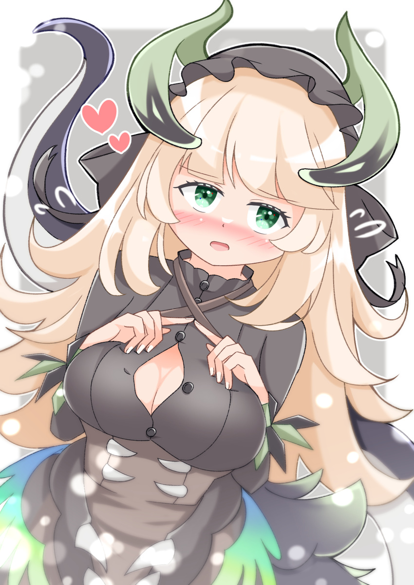 absurdres black_dress black_hat black_tail black_wings blonde_hair blurry blurry_background blush breasts bursting_breasts chamber_dragonmaid cleavage cowboy_shot dragon_girl dragon_horns dragon_tail dragon_wings dress duel_monster female green_eyes hat heart highres horns large_breasts long_hair low_wings maid mob_cap solo tail tomaton wings yu-gi-oh!