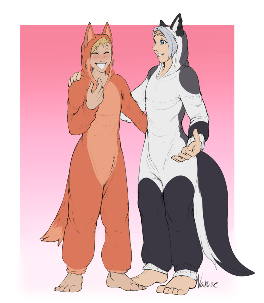 barefoot canid canine canis clothed clothing diane_foxington dreamworks duo feet fox fully_clothed fur grey_body grey_fur helluva_boss hi_res holding_each_other human humanoid kigurumi laugh loona_(helluva_boss) male mammal narusewolf no_shoes onesie orange_body orange_fur standing the_bad_guys toes transformation transformation_sequence white_body white_fur wolf