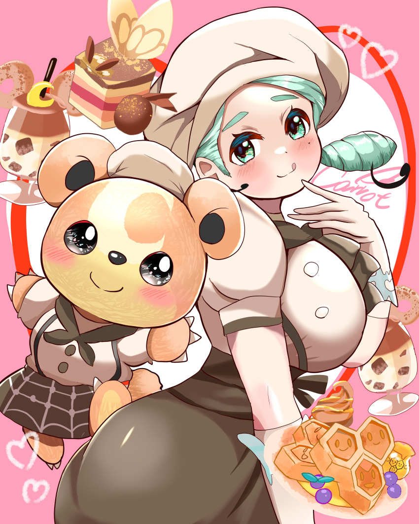 absurdres aqua_eyes aqua_hair artist_name ascot ass blush breasts brown_ascot brown_skirt carrot_summer closed_mouth clothed_pokemon combee female gloves hand_up hat heart highres katy_(pokemon) large_breasts mole mole_on_cheek pokemon pokemon_(creature) pokemon_sv puffy_short_sleeves puffy_sleeves shirt short_hair short_sleeves skirt smile split_mouth teddiursa tongue tongue_out white_gloves white_hat white_shirt