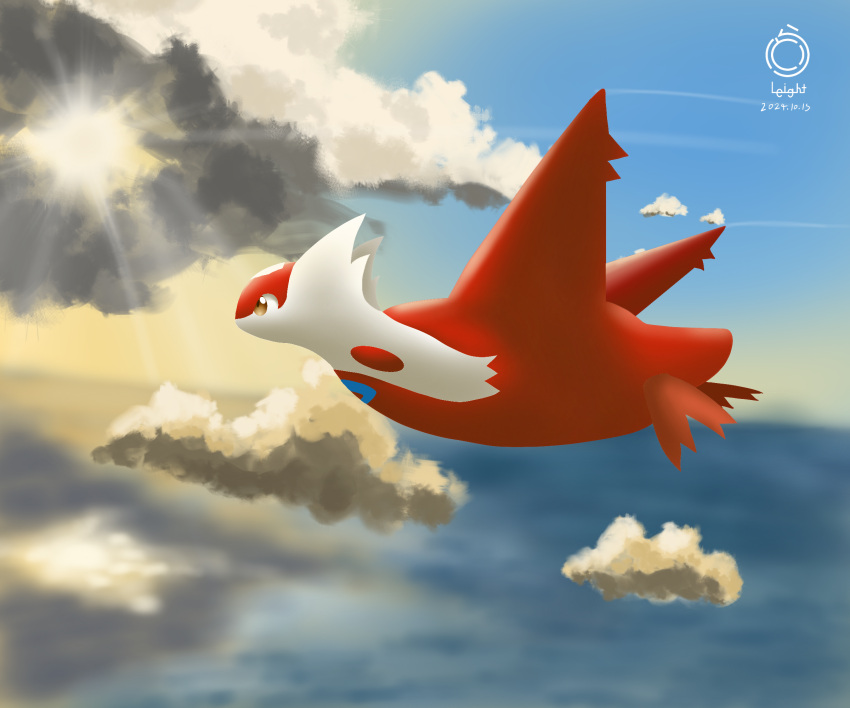 brown_eyes cloud female feral flying generation_3_pokemon hi_res kemo_leight latias legendary_pokemon light multicolored_body nintendo outside pokemon pokemon_(species) red_body red_wings sea signature sky skyscape solo sunlight sunset two_tone_body water white_body wings