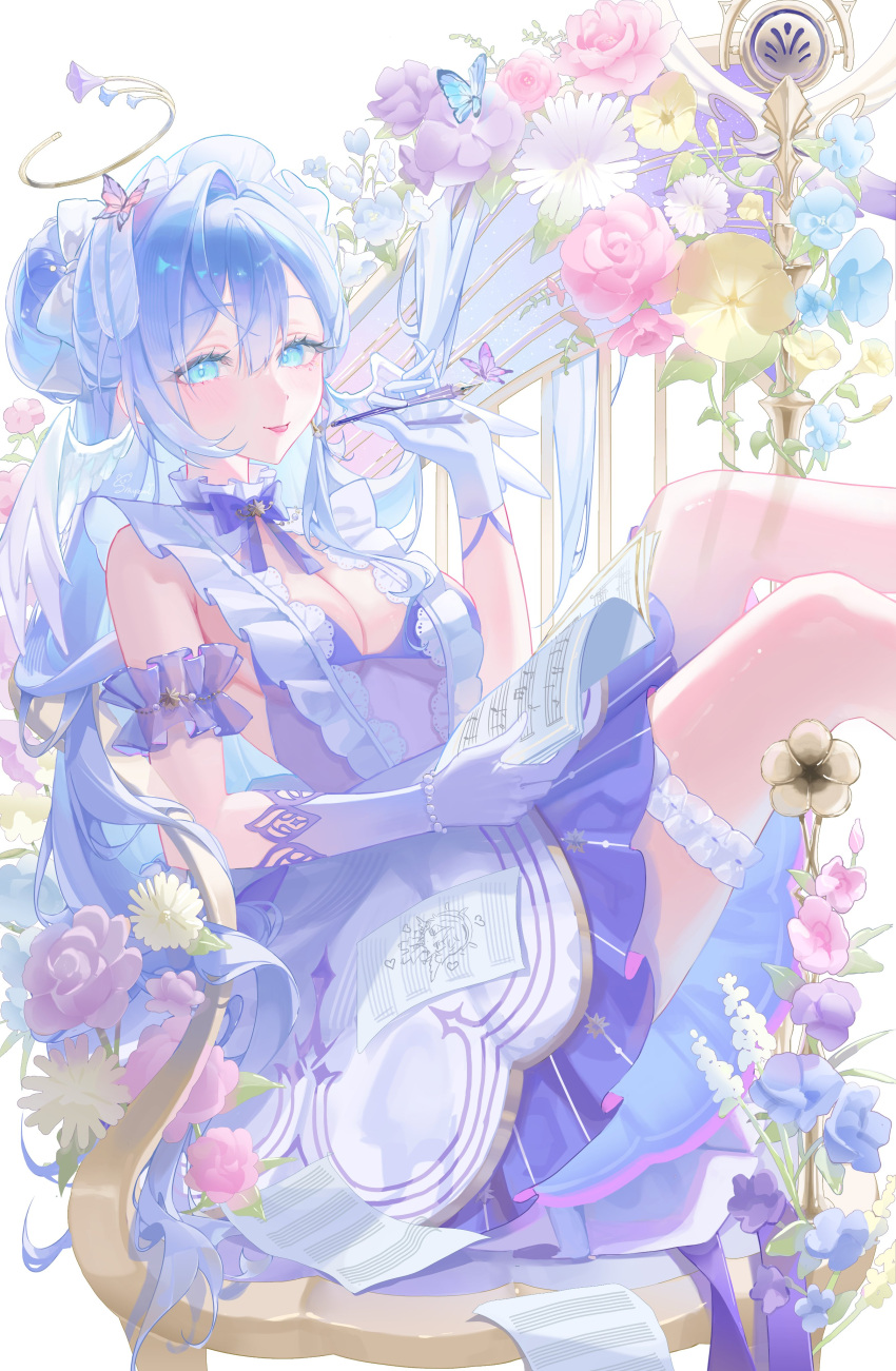 :p absurdres aqua_eyes blue_butterfly blue_flower blue_hair blush bow bowtie breasts bug butterfly censored cleavage commentary_request dress feathered_wings female flower from_side gloves hair_between_eyes halo hand_up head_wings highres holding honkai:_star_rail honkai_(series) large_breasts long_hair looking_at_viewer mosaic_censoring pink_flower purple_bow purple_bowtie purple_dress robin_(honkai:_star_rail) sheet_music shupami sitting solo tongue tongue_out very_long_hair white_flower white_gloves white_wings wings yellow_flower