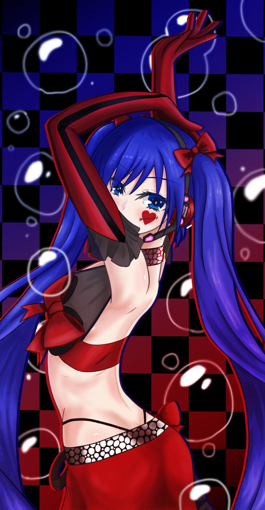 absurdres ambivalence_(module) assiette47 black_panties blue_eyes blue_hair bow bubble checkered_background commentary_request facial_mark female gloves gradient_background hairbow hatsune_miku heart heart_facial_mark highleg highleg_panties highres panties project_diva_(series) red_bow red_gloves red_skirt skirt solo underwear vocaloid