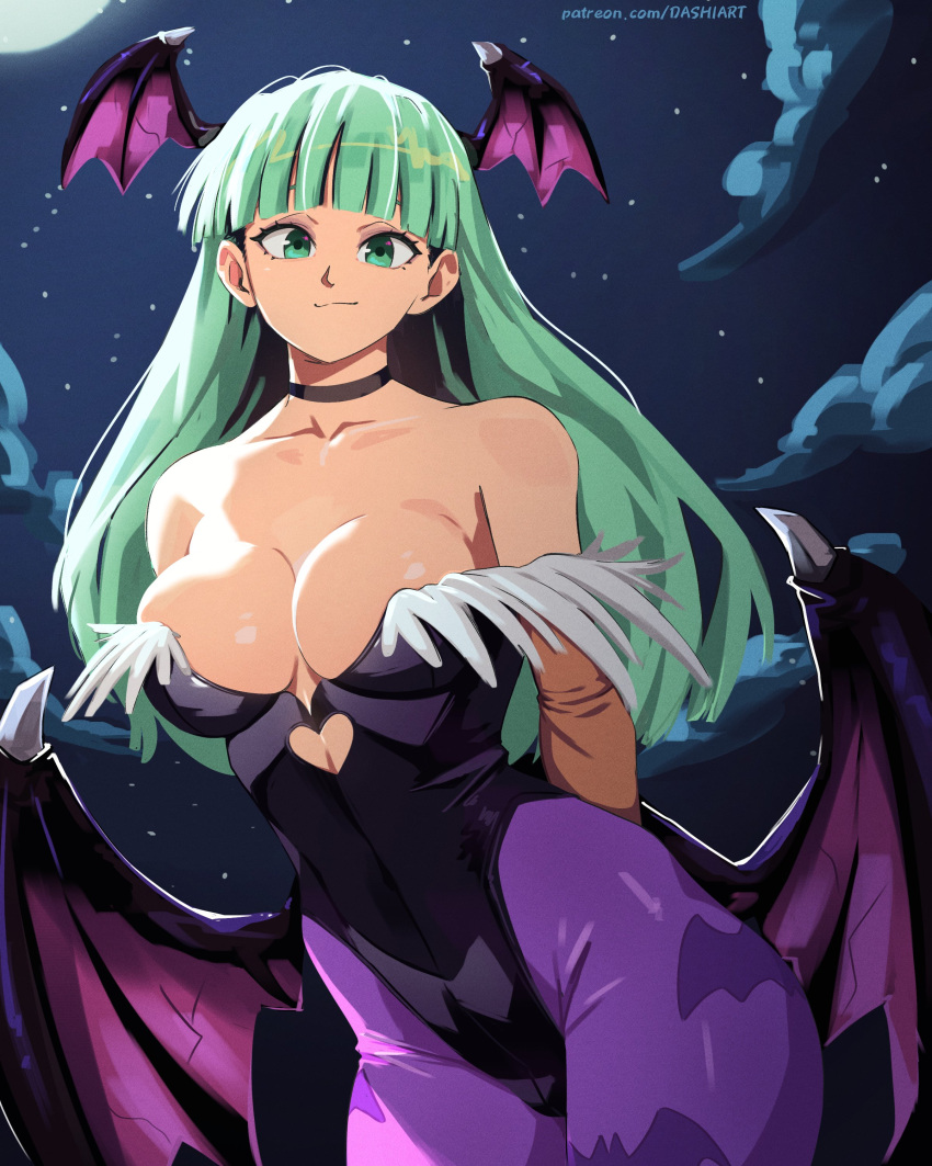 absurdres animal_print artist_name bare_shoulders bat_print bat_wings black_leotard breasts capcom clothing_cutout commentary darkstalkers dashi_(dashiart) demon_girl female full_moon fur-trimmed_leotard fur_trim green_eyes green_hair head_wings heart_cutout highres leotard long_hair looking_at_viewer low_wings moon morrigan_aensland night off-shoulder_leotard pantyhose patreon_username print_pantyhose purple_pantyhose purple_wings smile solo web_address wings