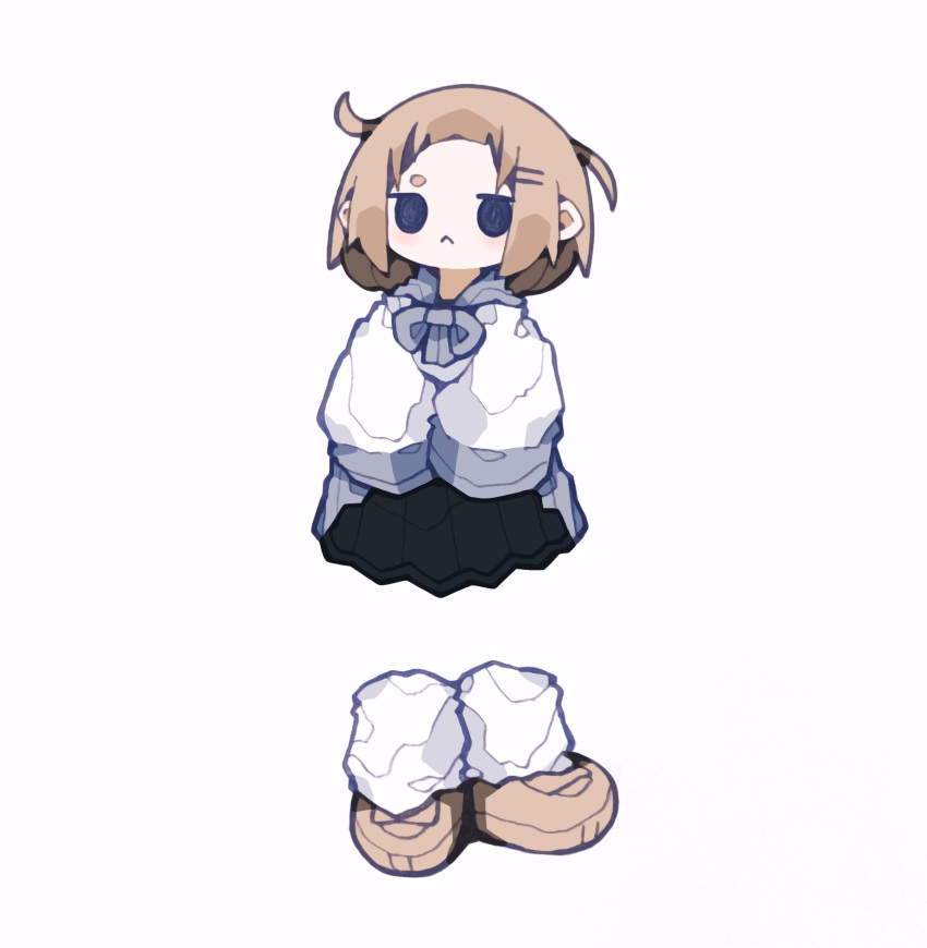 :< absurdres bad_id bad_twitter_id black_eyes bow bowtie brown_footwear brown_hair closed_mouth clothes_lift commentary female full_body grey_bow grey_bowtie grey_sailor_collar grey_skirt hair_ornament hairclip highres jitome lifting_own_clothes light_blush loafers loose_socks nikamoka original partially_invisible sailor_collar school_uniform serafuku shoes simple_background single_eyebrow skirt skirt_lift socks solo standing symbol-only_commentary thick_eyebrows white_background white_socks