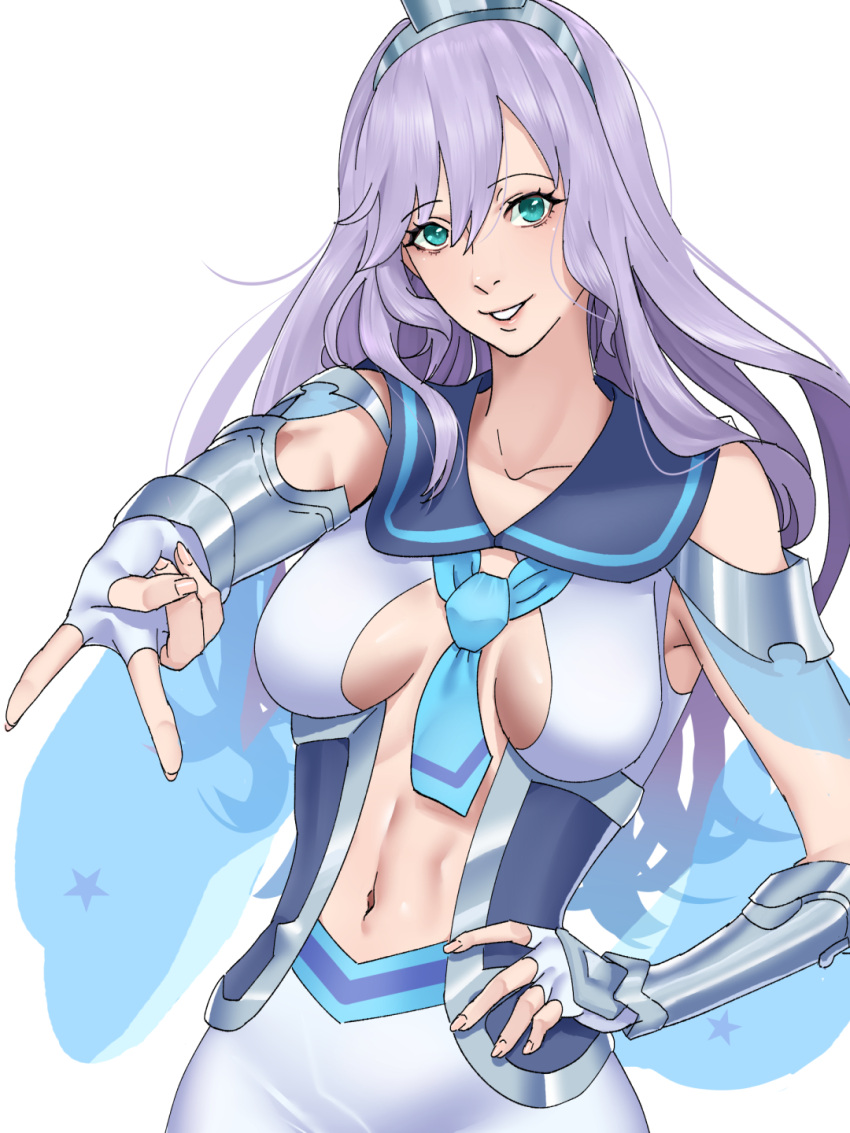 anakasakas aqua_eyes armor armored_gloves between_breasts breasts collarbone delphinus_yukino_(saint_seiya:_rising_cosmo) female fingerless_gloves gloves grin highres long_hair metal_hairband navel necktie purple_hair saint_seiya saint_seiya:_rising_cosmo simple_background smile solo teeth upper_body white_background