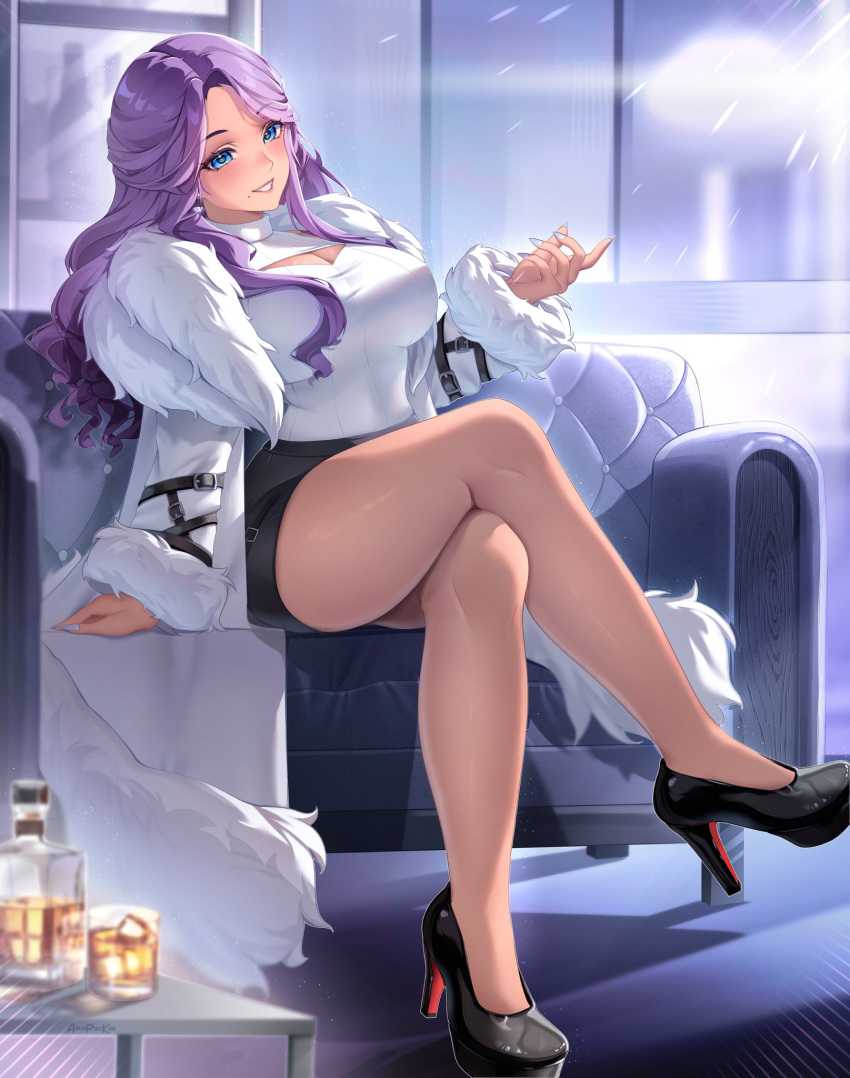 aikoparkim alcohol artist_name black_footwear black_skirt blue_eyes bottle breasts cha_cha_(vtuber) cleavage crossed_legs feather_boa female fur-trimmed_jacket fur_trim grey_nails high_heels highres indie_virtual_youtuber jacket large_breasts long_hair mole mole_under_mouth open_clothes open_jacket purple_hair ribbed_shirt shadow shirt sitting skirt smile solo tan turtleneck turtleneck_shirt virtual_youtuber white_jacket white_shirt