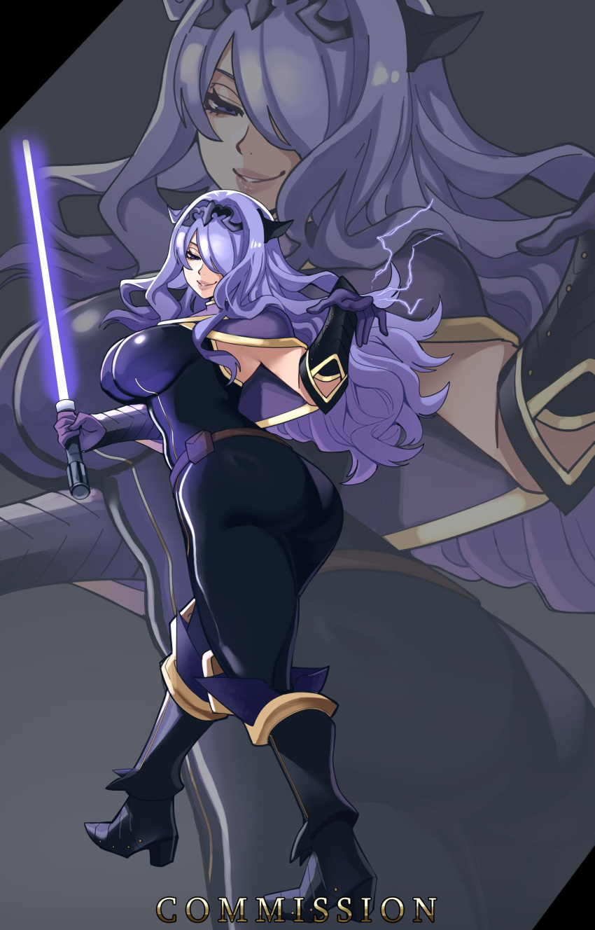 alternate_costume ass boots breasts camilla_(fire_emblem) ceroccb crossover electricity energy_sword female fire_emblem fire_emblem_fates full_body highres holding_lightsaber large_breasts lightsaber long_hair looking_at_viewer looking_back purple_hair smile solo star_wars sword wavy_hair weapon