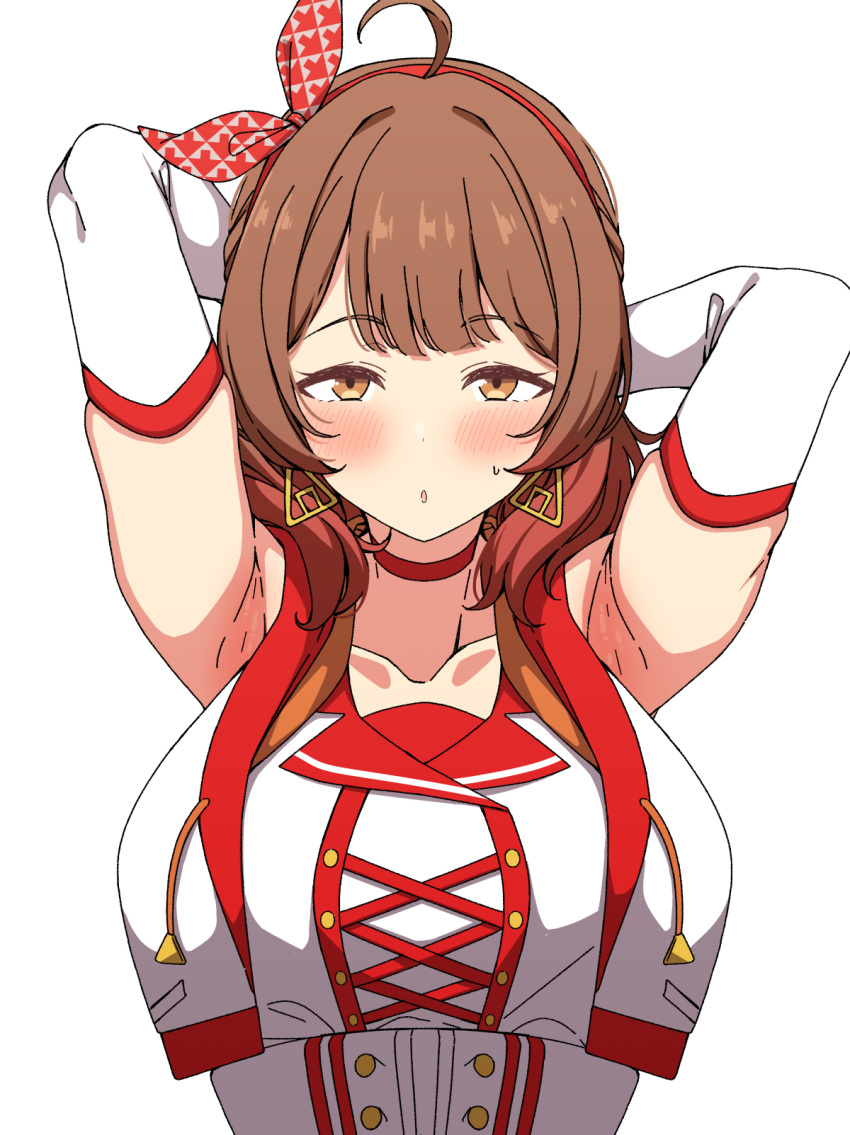 :o ahoge arimon_(dfrgty12) armpits arms_behind_head arms_up breasts brown_hair choker collarbone dress earrings elbow_gloves female gakuen_idolmaster gloves gradient_hair hairband hanami_ume highres idolmaster jewelry large_breasts looking_at_viewer multicolored_hair orange_hair presenting_armpit red_choker red_hairband simple_background sleeveless sleeveless_dress sleeveless_jacket solo triangle_earrings upper_body white_background white_gloves