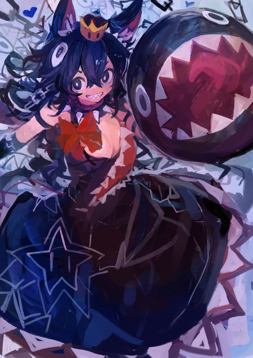 absurdres animal_ears black_choker black_dress black_eyes black_hair bow breasts chain_chomp chains choker dress female grin hair_between_eyes heart highres kaamin_(mariarose753) large_breasts long_hair looking_at_viewer mario_(series) open_mouth princess_chain_chomp red_bow simple_background smile solo spiked_choker spikes star_(symbol) super_crown tongue