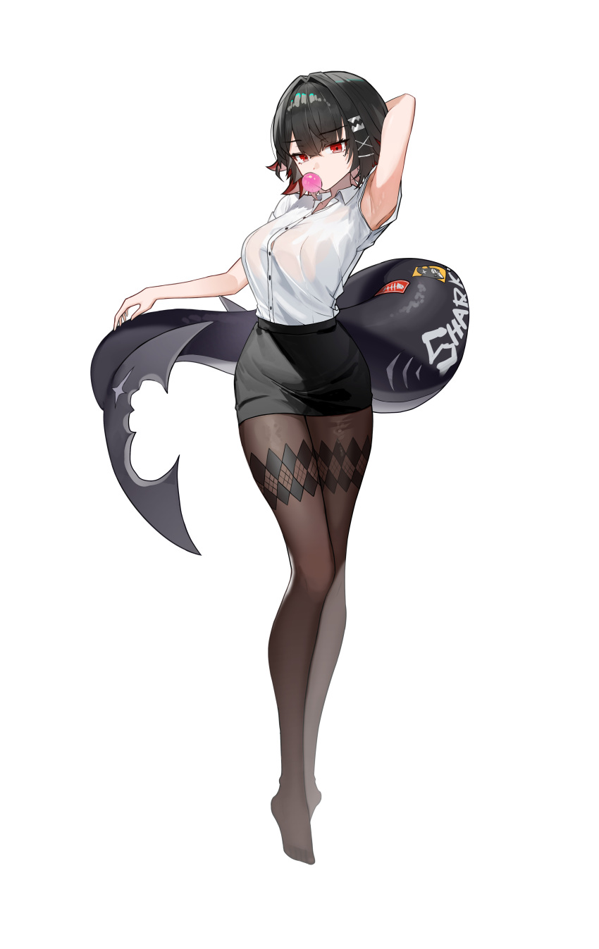 absurdres armpits black_hair black_pantyhose blowing_bubbles breasts chewing_gum ellen_joe female fins fish_tail hagyu hand_up highres large_breasts mole mole_under_eye no_shoes pantyhose pencil_skirt red_eyes see-through_clothes see-through_shirt shark_girl shark_tail shirt short_hair skirt tail white_shirt zenless_zone_zero