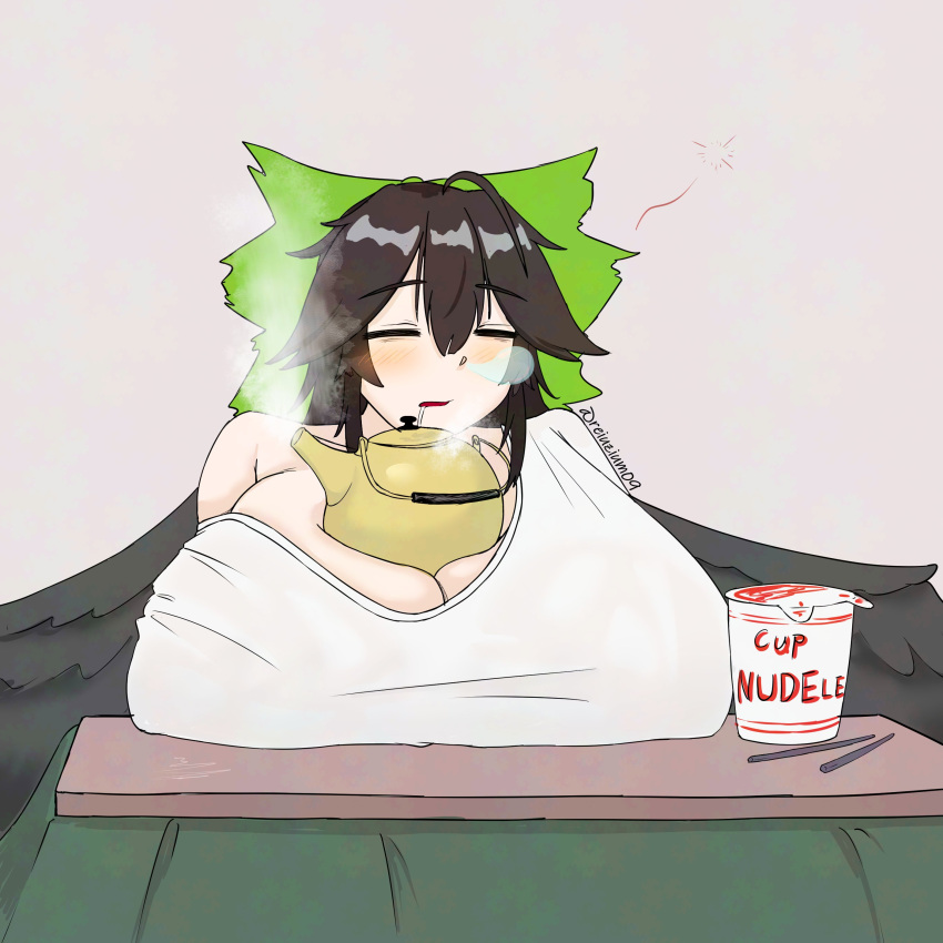 absurdres ahoge black_hair black_wings blush bow breasts chopsticks cleavage closed_eyes commentary_request cup_ramen feathered_wings female gigantic_breasts green_bow grey_background hairbow highres kotatsu long_hair mundane_utility nose_bubble open_mouth reiuji_utsuho reiuzium saliva shirt simple_background sleeping sleeping_upright solo squeans steam t-shirt table teapot touhou upper_body white_shirt wings