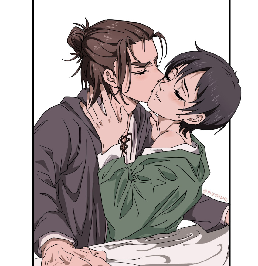 1boy black_hair brown_hair closed_eyes couple eren_yeager female green_jacket grey_jacket hair_between_eyes hair_bun happy_tears highres jacket kissing kissing_cheek light_blush mikasa_ackerman parted_bangs parted_lips pheoflame pillarboxed shingeki_no_kyojin shirt short_hair straight tears twitter_username upper_body white_background white_shirt