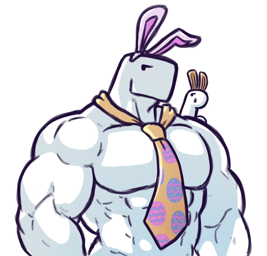 ambiguous_gender anthro dinosaur duo dyno_(dynogreeno) dynogreeno easter egg fake_ears fake_rabbit_ears hi_res holidays largo_(dynogreeno) male muscular muscular_anthro muscular_male necktie prehistoric_species reptile scalie white_body