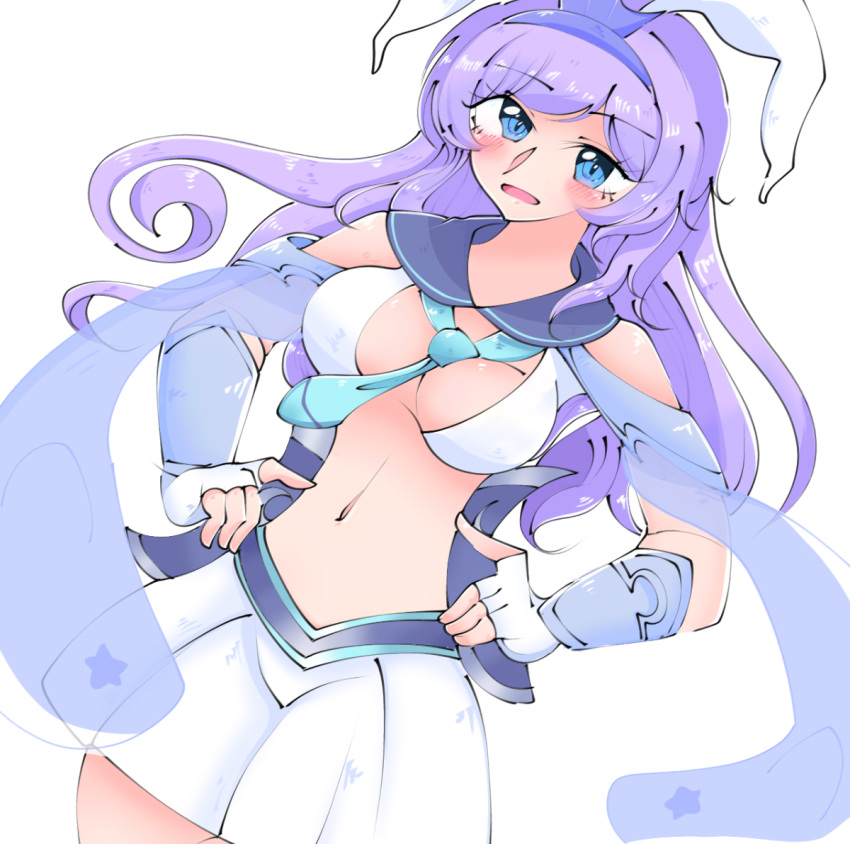 armored_gloves between_breasts blue_eyes blue_necktie blue_sailor_collar blush breasts delphinus_yukino_(saint_seiya:_rising_cosmo) female fingerless_gloves gloves long_hair metal_hairband myu1015myu necktie open_mouth purple_hair sailor_collar saint_seiya saint_seiya:_rising_cosmo simple_background skirt smile solo white_background white_gloves white_skirt