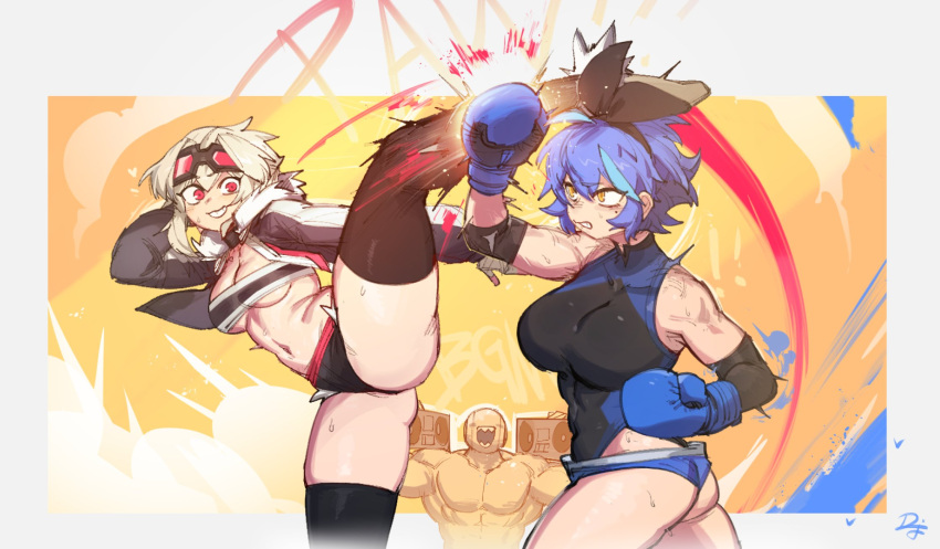 1boy 2girls ahoge aqua_hair ass black-framed_eyewear black_leotard black_shorts black_thighhighs blocking blue_gloves blue_hair blue_shorts blush_stickers boombox borrowed_character breasts commentary covered_abs cropped_jacket crossover dif_(difman) difman elbow_pads english_commentary faceless faceless_male fighting fighting_stance flat_ass gloves goggles goggles_on_head high_kick highleg highleg_leotard highres holding_boombox jacket kicking krekkball large_breasts leotard medium_breasts micro_shorts mole mole_under_eye multicolored_hair multiple_crossover multiple_girls muscular muscular_male niwamaru_(niwarhythm) open_clothes open_jacket original pink-tinted_eyewear pink_eyes sharp_teeth short_shorts shorts strapless streaked_hair sweat teeth thick_thighs thighhighs thighs tinted_eyewear tube_top underboob white_hair