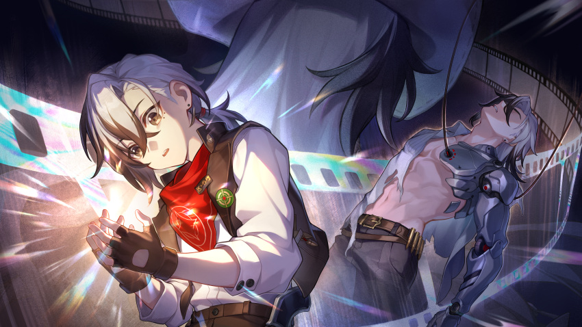 1boy absurdres aged_down bad_link bandana bandana_around_neck black_gloves black_hair black_vest boothill_(honkai:_star_rail) clenched_teeth film_strip fingerless_gloves gloves grey_hair highres honkai:_star_rail honkai_(series) long_hair male_focus mole mole_under_eye multicolored_hair multiple_views official_art open_mouth red_bandana shirt streaked_hair teeth vest white_shirt