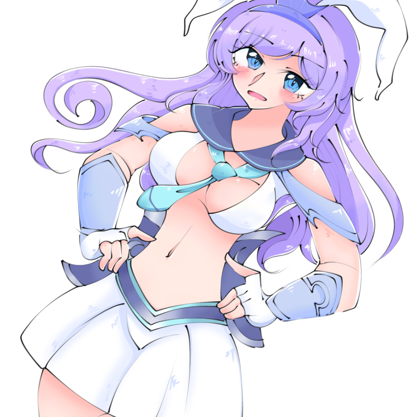 armored_gloves between_breasts blue_eyes blue_necktie blue_sailor_collar blush breasts delphinus_yukino_(saint_seiya:_rising_cosmo) female fingerless_gloves gloves long_hair metal_hairband myu1015myu necktie open_mouth purple_hair sailor_collar saint_seiya saint_seiya:_rising_cosmo simple_background skirt smile solo white_background white_gloves white_skirt